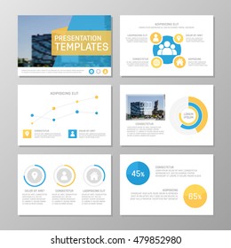 Set of blue and yellow template for multipurpose presentation slides with graphs and charts. Leaflet,   book cover design.
