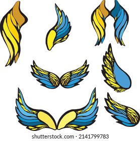 set of blue yellow wings on white background