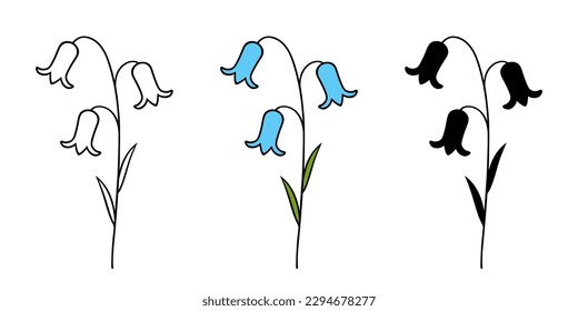 Set of bluebells: outline, silhouette, color image. Isolated floral elements on white background. Campanula. Bellflower.