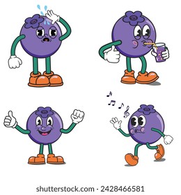 Set of Blueberry cartoon funky character with different expressions, sick or dehydration, drinking, smiling, walking, waving hand, give thumb up. Retro cartoon, groovy characters for icon mascot logo