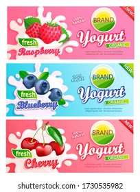 Set of blueberry, cherry, raspberry yogurt labels. Natural and fresh berries in milk splashes for your brand,logo,emblem,sticker.Organic and sweet dessert.Template for your design.Vector illustration.