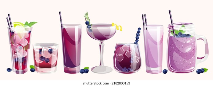 Un conjunto de cócteles de arándanos. Bebidas refrescantes en diferentes vasos con arándanos. Smoothie de arándano, batido de moras azules, mojito, jugo.Ilustración vectorial.