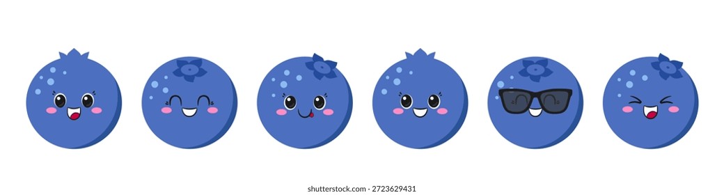 Conjunto de arándano, personaje de dibujos animados lindo y divertido, baya sabrosa y saludable, ojos grandes, emociones alegría deleite, cara sonriente feliz, estilo kawaii, ilustración para niños de Vector de íconos.