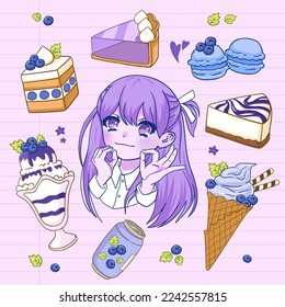 Set of blueberry dessert and kawaii anime girl character. Ice cream, cheese cake, soda, macarons, cake cartoon style vector illustration