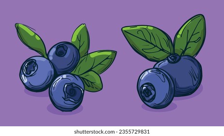 Conjunto de frutos arándanos, Ilustración vectorial en un estilo de boceto de línea, boceto plano a mano, fruta colorida con sombra y luz, aislada en fondo de color.