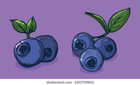 Conjunto de frutos arándanos, Ilustración vectorial en un estilo de boceto de línea, boceto plano a mano, fruta colorida con sombra y luz, aislada en fondo de color.