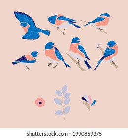 set of  bluebirds , leaves and flower, vector design elements, clip art.  