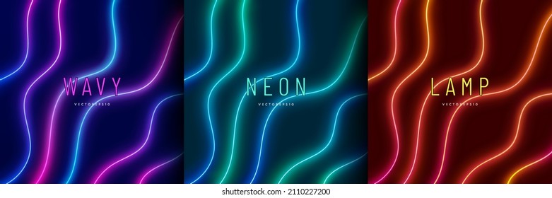 Set blue  green  red  purple   orange  yellow illuminate lighting lines  Abstract vibrant color template design  Collection glowing neon wavy lighting dark background  futuristic style 