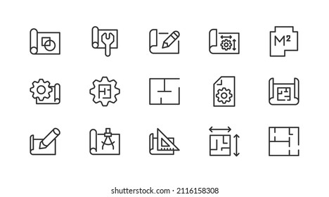 Set of blueprint  line icons. Premium pack of signs in trendy style. Pixel perfect objects for UI, apps and web. 