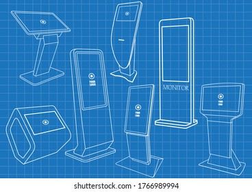 Conjunto de Plano de Diseño de Kiosk de Información Interactiva Promocional, Pantalla de Publicidad, Base de Terminal, Pantalla táctil. Plantilla de maqueta.