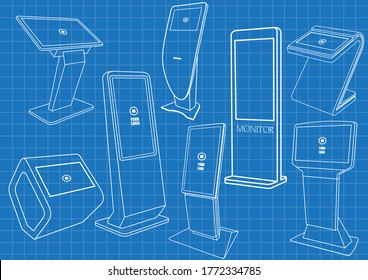 Conjunto de Plano de Diseño de Kiosk de Información Interactiva Promocional, Pantalla de Publicidad, Base de Terminal, Pantalla táctil. Plantilla de maqueta.