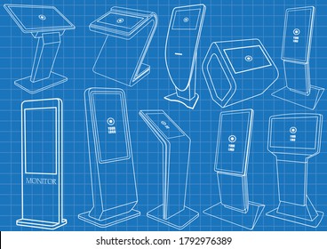 Set of Blueprint of Promotional Interactive Information Kiosk, Advertising Display, Terminal Stand, Touch Screen Display. Mock Up Template.