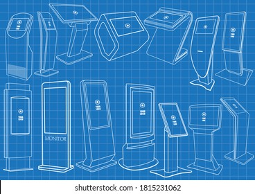 Set of Blueprint of Promotional Interactive Information Kiosk, Advertising Display, Terminal Stand, Touch Screen Display. Mock Up Template.