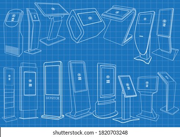 Set of Blueprint of Promotional Interactive Information Kiosk, Advertising Display, Terminal Stand, Touch Screen Display. Mock Up Template.