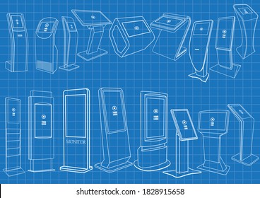 Set of Blueprint of Promotional Interactive Information Kiosk, Advertising Display, Terminal Stand, Touch Screen Display. Mock Up Template.