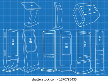 Conjunto de Plano de Diseño de Kiosk de Información Interactiva Promocional, Pantalla de Publicidad, Base de Terminal, Pantalla táctil. Plantilla de maqueta