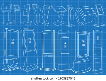 Set of Blueprint of Promotional Interactive Information Kiosk, Advertising Display, Terminal Stand, Touch Screen Display. Mock Up Template