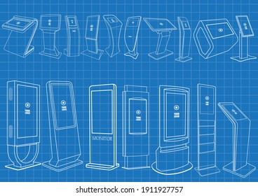 Set of Blueprint of Promotional Interactive Information Kiosk, Advertising Display, Terminal Stand, Touch Screen Display. Mock Up Template