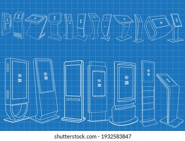 Set of Blueprint of Promotional Interactive Information Kiosk, Advertising Display, Terminal Stand, Touch Screen Display. Mock Up Template