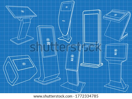 Set of Blueprint of Promotional Interactive Information Kiosk, Advertising Display, Terminal Stand, Touch Screen Display. Mock Up Template.