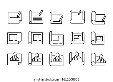 Set of blueprint related vector line icons. Premium linear symbols pack. Vector illustration isolated on a white background. Web symbols for web sites and mobile app. Trendy design. 