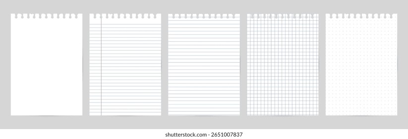 Set of blue-ruled notebook pages with top punch holes. Includes plain, lined, red margin, dot grid, and grid paper.