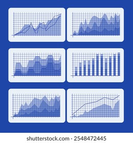 Set of blue-themed financial graphs depicting data trends, including line and area charts. Illustrating business growth and analytics. Concept of economics, financial analytics and growth