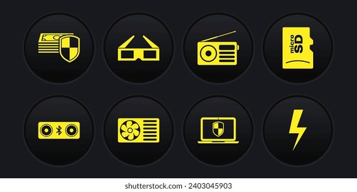 Set Bluetooth speakers, Micro SD memory card, Air conditioner, Laptop with shield, Radio and 3D cinema glasses icon. Vector