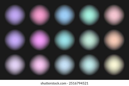 Set of blur gradient circles. Holographic blurred round banners on dark background. Glowing frames with holographic light blur effect. Gradient spheres. Vector illustration in y2k style