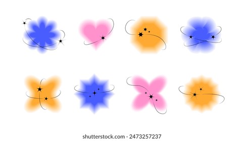 Set Blur gradient Elements with stroke, black Stars. Collection of colored abstract symmetrical Shapes with outlining line and sparkles. Heart, flowers. Astrology, Y2k aesthetic. Vector illustration