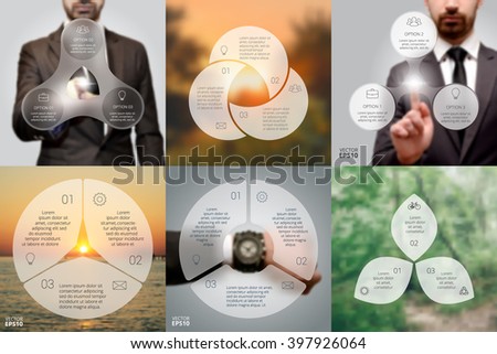 Set of blur infographic. Business concept with 3 options, parts, steps or processes. Linear graphic. Blur vector background. Businessman, watch, sunrise and eco.