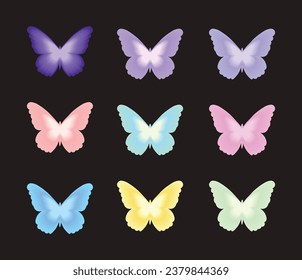 Set of blurred aura gradient butterflys. Trendy modern y2k style design template. Blurred pastel gradient elements for logo, templates, badges, stickers. Vector illustration