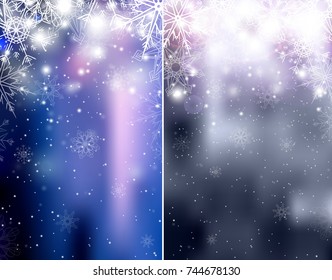 Set of blurred blue and silver Christmas winter backgrounds with sparkles and snowflakes. Vector background for your creativity