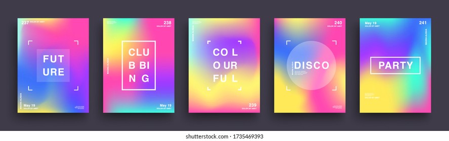 Set of Blurred Color Gradient Posters. Summer Clubbing Bright Party Poster. Covers Template Design. Abstract Gradient Mesh Background. Trendy Hipster Holographic Shapes. Vector EPS 10