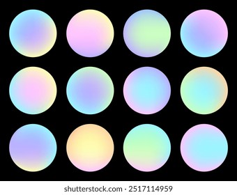 Set of blurred color round shapes. Bright color gradients on dark background. Y2k aesthetic gradient spheres. For social media background, posters, ads, web banners. Set of holographic balls.