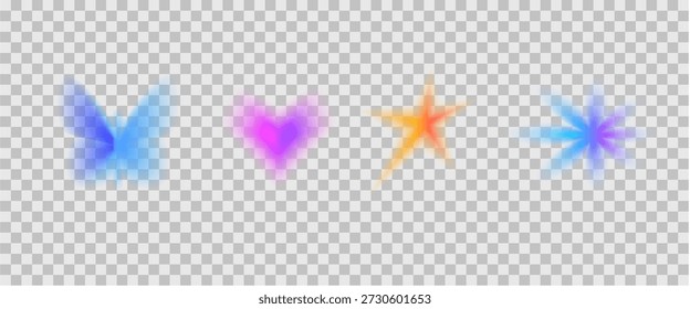 Conjunto de iconos borrosos de gradación y2k. Corazones degradados, conjunto de flores de mariposa. Formas de arco iris de aura brillante. Collage simple de neón de figuras coloridas. colección de neón de Vector aislada sobre fondo transparente.