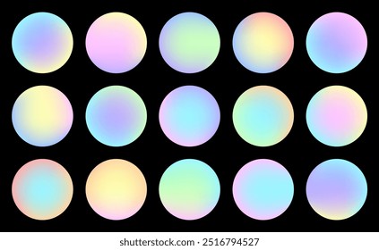 Set of Blurred Gradient Circles on Dark Background. Soft round buttons, vivid blurred spheres. Pastel round shapes. Liquid gradient elements for minimal banner, logo, social post. Holographic shapes