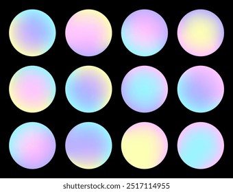Set of Blurred Gradient Circles on Dark Background. Y2k aesthetic gradient spheres. Liquid gradient elements for minimal banner, logo, social post. Set of holographic balls. Soft round buttons
