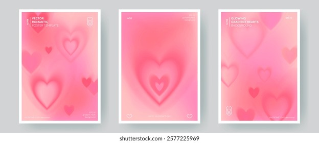 Set of blurred gradient hearts backgrounds, posters. Pink romantic banners for Valentine's Day designs, wedding, greeting cards. Aesthetic, modern templates for print, web use, social media posts.