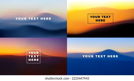 Set of blurred gradient landscapes in fog with place for text. Vector illustrations of mountain slopes at sunset, desert dunes at sunrise. Abstract wavy background. Wallpaper with silhouettes of hill