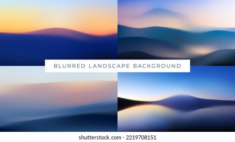 Set of blurred gradient landscapes and seascapes in fog. Vector illustration of mountain slopes at sunset, desert dunes at sunrise. Abstract wavy background. Wallpaper with silhouettes of hills