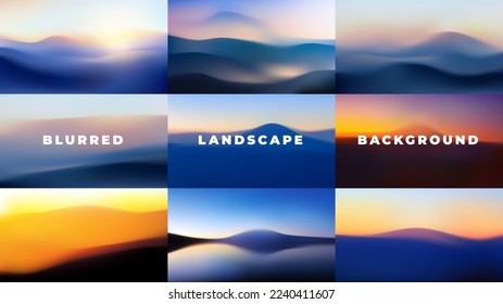 Set of blurred gradient landscapes and seascapes in fog with space for text. Vector illustrations of mountain slopes at sunset, desert dunes at sunrise. Abstract wavy background, wallpaper