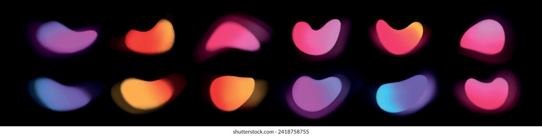 Set of blurred gradient texture and grainy shapes. Modern minimalistic elements. Gradation circles. Noise. Blend mesh. Neon colors. Abstract symbols. Vector illustration. Isolated. Business technology