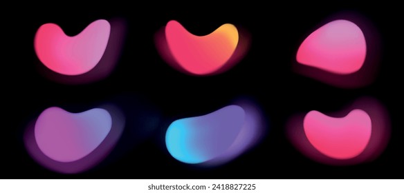 Set of blurred gradient texture and halftone elements. Modern Gradation circles. Noise effect. Blend mesh. Blob shape.  Isolated. Template graphic design. Flowing. Trend for cover. Vector illustration