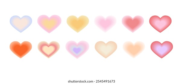 Set of Blurred heart shape in y2k style. Gradient trendy love element for greeting card and poster for Valentines Day.