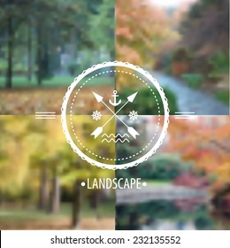 Set of blurred landscapes with badge. Web,mobile interface template, website template. Blur backdrops and badge with anchor and arrows. Ecological and green.Vector 