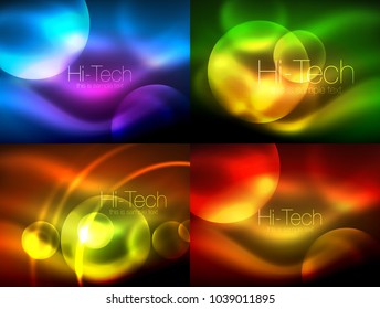 Set of blurred neon glowing circles, hi-tech modern bubble templates, techno glowing glass round shapes or spheres. Geometric abstract backgrounds. Vector illustration