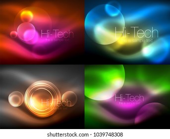 Set of blurred neon glowing circles, hi-tech modern bubble templates, techno glowing glass round shapes or spheres. Geometric abstract backgrounds. Vector illustration