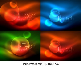 Set of blurred neon glowing circles, hi-tech modern bubble templates, techno glowing glass round shapes or spheres. Geometric abstract backgrounds. Vector illustration