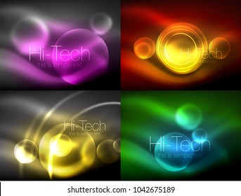 Set of blurred neon glowing circles, hi-tech modern bubble templates, techno glowing glass round shapes or spheres. Geometric abstract backgrounds. Vector illustration